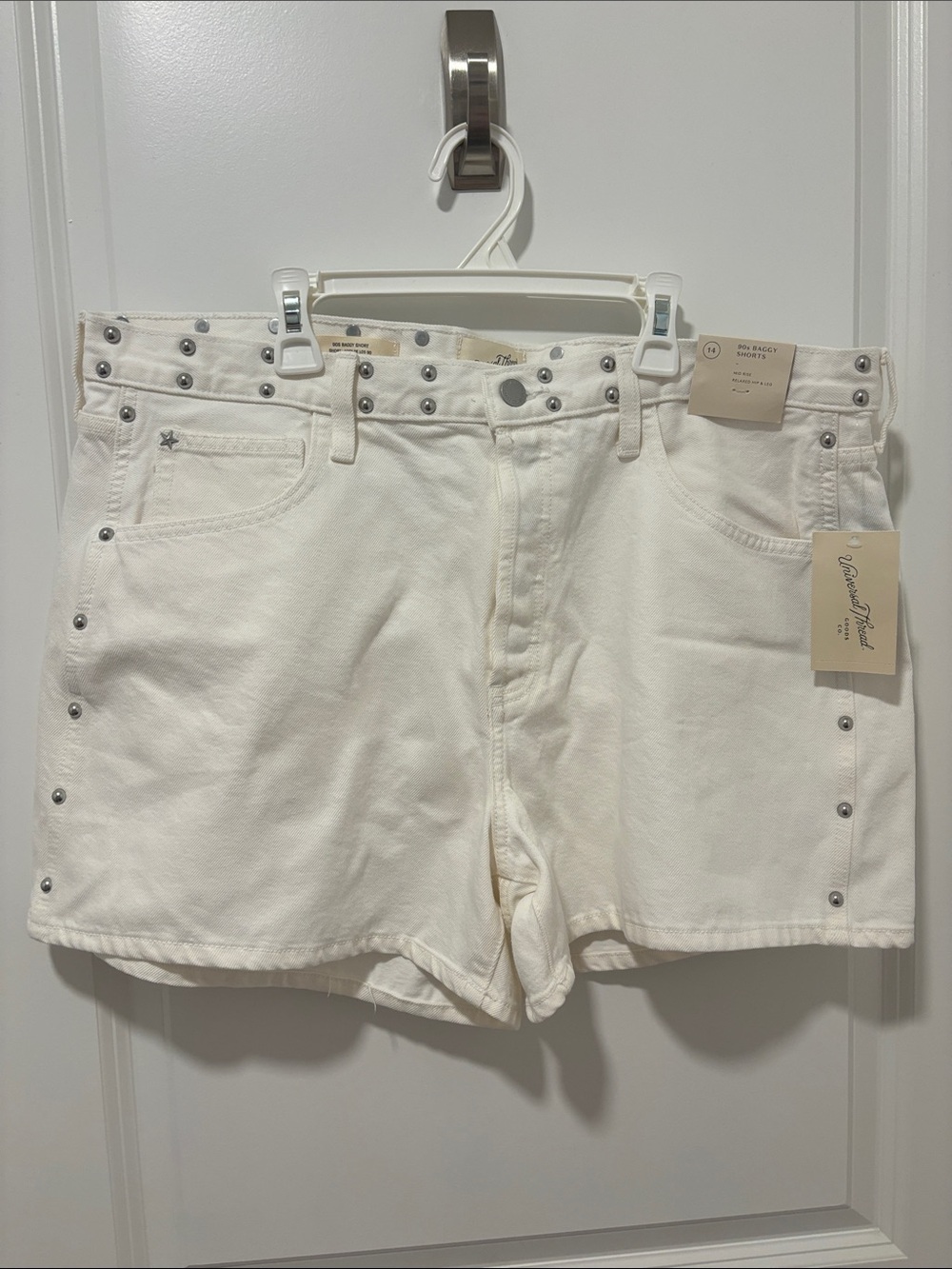 Universal Thread Off-White Denim Baggy Bermuda Shorts with Silver Studs